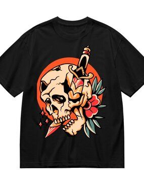 Black Graphic Skull Dagger Tee with Orange Accent